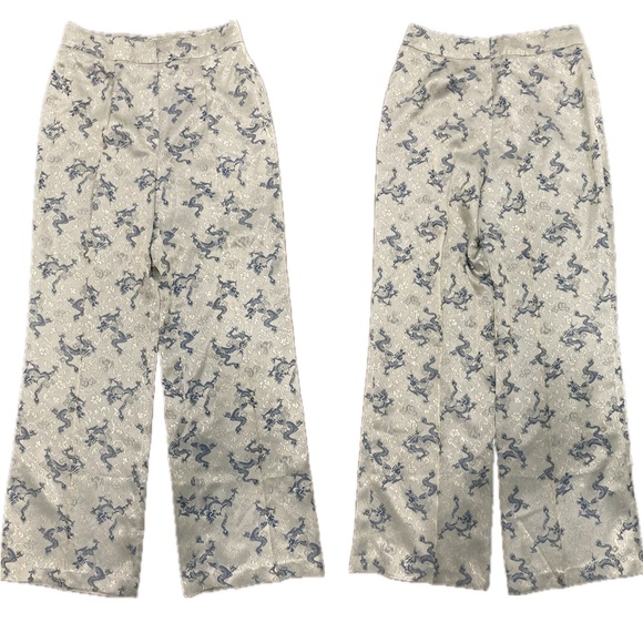 unknown Pants - Women’s Dragon & Rose Light Green & Blue Patterned Pants High Waist Wide Leg